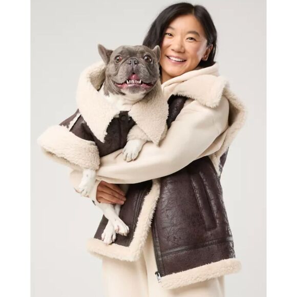 New Aerie Offleash By Aerie Leather Sherpa Dog Vest - Deep Earth - Size Small - Picture 2 of 12